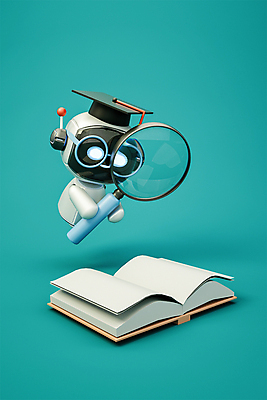 PSD 편집 편집이미지 학사모 돋보기 3D캐릭터 정보기술 들기 사람없음 책 3D 로봇 디지털합성 청록색 안경낌 편집소스 채팅봇 AI_인공지능 편집3D 캐릭터 모자_잡화 안경 컬러 졸업 모션 기술 파일형식