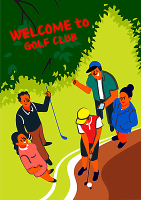 전신 여자 남자 골프 일러스트 골프장 필드 나뭇잎 골프공 함께함 골프클럽 서기 여러명 성인 타이포그라피 취미 스마트폰 골프채 올려보기 주머니손 브이 준비자세 성인만 국내일러스트 AI파일 문자 포즈 다수 컨셉 잎 공 스포츠시설 모션 골프용품 사람 손짓 핸드폰 스마트기기 구기 준비 파일형식 벡터