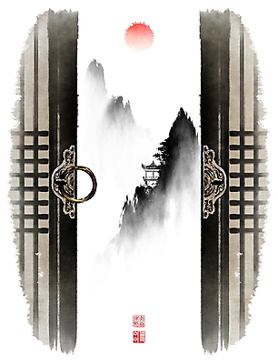 PSD 한국전통 일러스트 캘리그라피 붓터치 새해 산 한옥 풍경 사람없음 태양 일출 안개 오픈 동양화 정자 번짐 문고리 낙관 창호문 2022년 임인년 국내일러스트 자연요소 전통 건축물 고건축 날씨 한국 미술 문 노을 연도 파일형식 효과