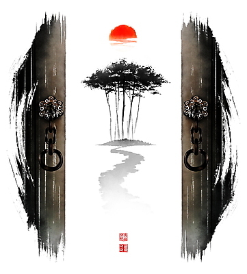 PSD 한국전통 길 일러스트 캘리그라피 붓터치 새해 풍경 사람없음 태양 문 소나무 오픈 동양화 대문 번짐 문고리 솔잎 낙관 2022년 임인년 국내일러스트 자연요소 나무 전통 잎 한국 미술 연도 파일형식 효과