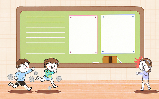 전신 PSD 학생 여자 남자 어린이 일러스트 교실 학교 프레임 소녀 소년 세명 달리기 칠판 놀람 예절 위험 안전수칙 먼지 공공예절 칠판지우개 공공장소 공중도덕 사고예방 어린이만 비매너 국내일러스트 교육 감정 컨셉 모션 표정 안전 사람 장소 예방 파일형식