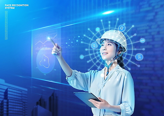 PSD 편집이미지 여자 정보기술 한명 들기 안전 빌딩 상반신 성인 30대 파란색 태블릿 터치 한국인 과학기술 올려보기 안전모 보안 생체인식기술 신원 홀로그램 성인여자한명만 4차산업 얼굴인식 AI_인공지능 이미지편집 1 산업 컬러 모션 기술 사람 동양인 건물 장년 전자제품 스마트기기 헬멧 안전장비 여자한명만 성인여자만 파일형식