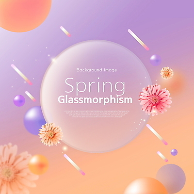 PSD 편집이미지 꽃 백그라운드 타이포그라피 사람없음 빛 보라색 주황색 봄 원형 글래스모피즘 이미지편집 도형 식물 문자 디자인 계절 컬러 파일형식