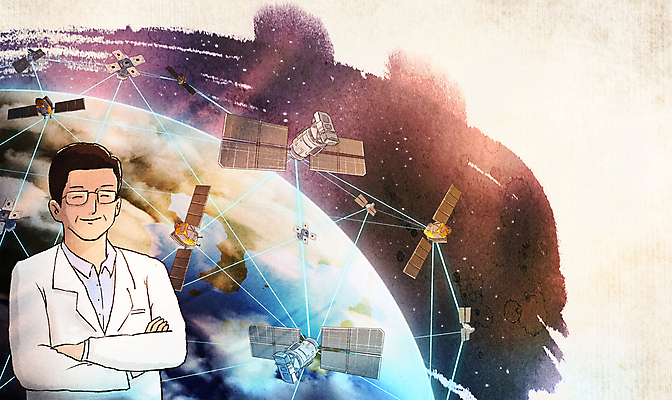 PSD 남자 지구 일러스트 한명 미소 상반신 성인 우주 팔짱 인공위성 과학자 전파 우주산업 우주항공 대기권 우주개발 성인남자한명만 미래산업 국내일러스트 직업 1 산업 과학 통신 모션 표정 사람 학자 남자한명만 성인남자만 파일형식