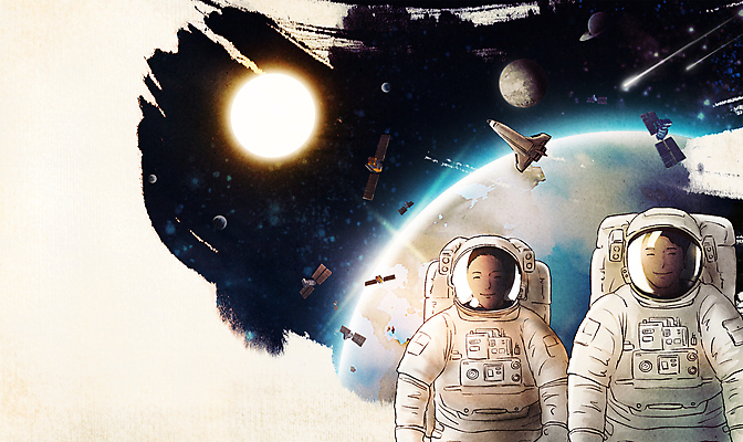 PSD 여자 남자 지구 일러스트 성인 두명 태양 우주 인공위성 우주비행사 달 우주선 우주과학 우주복 우주산업 우주항공 토성 성인만 미래산업 국내일러스트 자연요소 옷 산업 과학 통신 사람 행성 파일형식