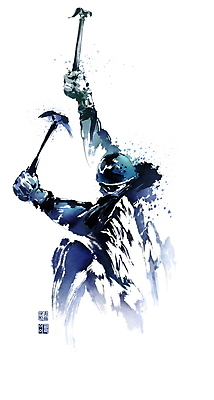 PSD 모자 남자 겨울 일러스트 캘리그라피 붓터치 고글 한명 들기 상반신 성인 등산 잡기 헬멧 등산객 동양화 등산용품 번짐 낙관 패딩 고산지대 눈보라 클라이머 피켈 성인남자한명만 설산 국내일러스트 1 잡화 계절 모션 산 눈_날씨 미술 사람 트래킹 점퍼 보호장비 레포츠용품 남자한명만 성인남자만 파일형식 효과