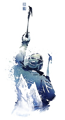 PSD 남자 겨울 일러스트 캘리그라피 붓터치 한명 들기 상반신 성인 등산 잡기 헬멧 등산객 동양화 등산용품 번짐 낙관 패딩 고산지대 클라이머 피켈 성인남자한명만 설산 국내일러스트 1 계절 모션 산 미술 사람 트래킹 점퍼 보호장비 레포츠용품 남자한명만 성인남자만 파일형식 효과