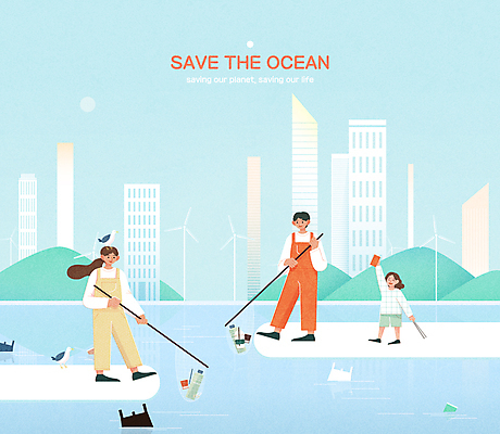 전신 여자 남자 어린이 바다 하늘색 일러스트 갈매기 조류 집게 서기 들기 소녀 빌딩 성인 해변 건물 세명 자연보호 그린캠페인 뜰채 풍력에너지 친환경 해안도시 쓰레기줍기 해양쓰레기 비치코밍 국내일러스트 AI파일 동물 건축물 캠페인 모션 자연 사람 파란색 환경 도시 낚시용품 그린에너지 보호 쓰레기 파일형식 벡터 줍기