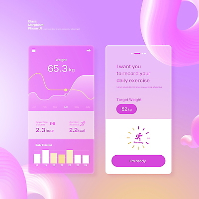 PSD 편집이미지 분홍색 다이어트 모바일 그래프 사람모양 사람없음 건강관리 변화 어플리케이션 몸무게 온라인 UI 인터페이스 글래스모피즘 이미지편집 모양 디자인 컬러 컨셉 건강 관리 파일형식