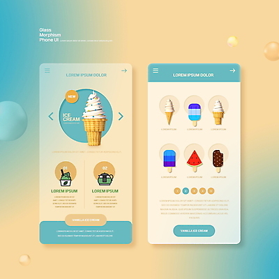 PSD 편집이미지 모바일 디저트 사람없음 어플리케이션 찻주전자 메뉴 온라인 소프트아이스크림 UI 막대아이스크림 민트색 베이지색 인터페이스 컵아이스크림 글래스모피즘 이미지편집 디자인 음식 컬러 주전자 아이스크림 파일형식