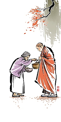 전신 PSD 그릇 여자 노년 남자 할머니 불교 일러스트 캘리그라피 붓터치 나뭇잎 서기 들기 성인 두명 나뭇가지 승려 동양화 주기 번짐 낙관 시주 승복 공양 발우공양 국내일러스트 나무 식기 종교 잎 모션 미술 사람 식사 성직자 파일형식 효과