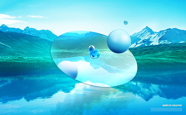 PSD 편집이미지 호수 하늘색 그래픽백그라운드 하늘 산 사람없음 그래픽 반사 거울 물방울 원형 입체도형 이미지편집 도형 백그라운드 파란색 입체 파일형식