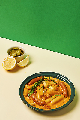 포토 JPG 스튜디오촬영 그릇 접시 실내 요리 사람없음 소시지 분식 레몬 피클 로즈메리 메추리알 베이지색배경 초록배경 로제떡볶이 국내포토 식기 음식 백그라운드 과일 내부 초록색 알 가공식품 떡볶이 허브 베이지색 절임 파일형식