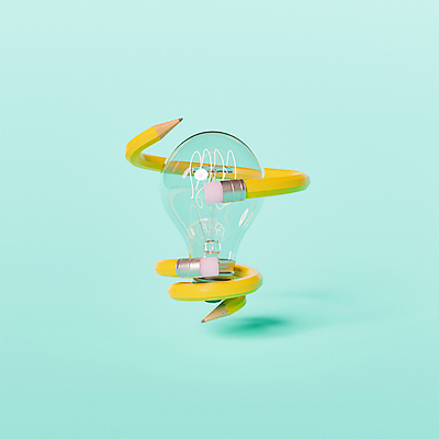 포토 JPG 해외이미지 전구 사람없음 연필 3D 디지털합성 오브젝트 파란배경 해외포토 백그라운드 학용품 파란색 필기구 파일형식 이미지허브