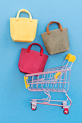 포토 JPG 해외이미지 가방 실내 사람없음 쇼핑 쇼핑카 미니어처 오브젝트 파란배경 해외포토 잡화 백그라운드 내부 파란색 모형 카트 파일형식 이미지허브
