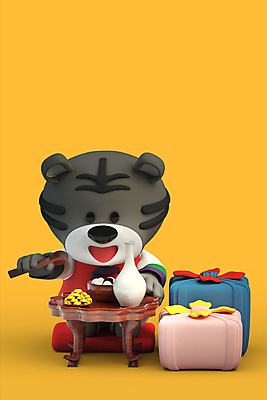 PSD 편집 편집이미지 한마리 새해 3D캐릭터 사람없음 설날 노란색 3D 숟가락 보자기 호랑이띠 한복 먹기 디지털합성 보따리 호랑이캐릭터 떡국 호리병 소반 새해음식 편집소스 2022년 임인년 흑호 편집3D 캐릭터 1 한국전통 명절 한식 컬러 동물캐릭터 모션 탁자 병_용기 수저 전통음식 십이지신 호랑이 전통의상 연도 파일형식 천_직물