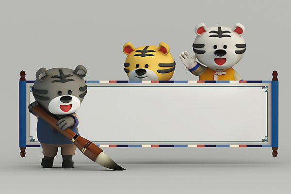 PSD 편집 편집이미지 서예 새해 프레임 3D캐릭터 세마리 들기 사람없음 3D 회색 호랑이띠 호랑이 한복 디지털합성 호랑이캐릭터 손인사 족자 백호 서예붓 카피스페이스 편집소스 2022년 임인년 흑호 편집3D 캐릭터 한국전통 컬러 동물캐릭터 포유류 모션 3 공백 십이지신 인사 붓 전통의상 연도 파일형식 사방신