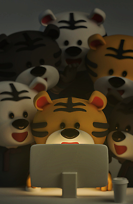 PSD 편집 편집이미지 응시 커피 여러마리 새해 함께함 3D캐릭터 웃음 사람없음 빛 컴퓨터 3D 모니터 어둠 호랑이띠 호랑이 디지털합성 호랑이캐릭터 백호 테이크아웃컵 편집소스 2022년 임인년 흑호 편집3D 캐릭터 시선 음료 동물캐릭터 다수 컨셉 포유류 표정 컵 전자제품 십이지신 연도 파일형식 사방신