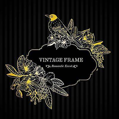 EPS 해외이미지 한마리 꽃 잎 일러스트 조류 프레임 사람없음 노란색 라벨 검은색 빈티지 클래식 고급 해외일러스트 식물 동물 1 컬러 컨셉 파일형식 벡터 이미지허브