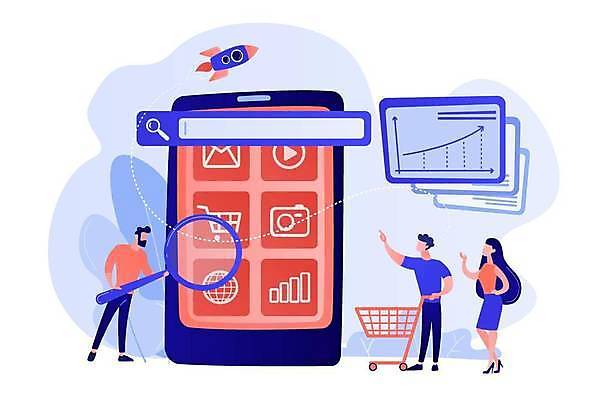 EPS 해외이미지 전신 여자 남자 일러스트 돋보기 들기 성인 세명 파란색 스마트폰 가리킴 어플리케이션 성인만 코랄 해외일러스트 컬러 모션 사람 손짓 핸드폰 스마트기기 파일형식 벡터 이미지허브