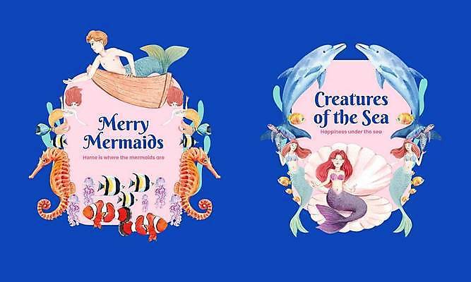 EPS 해외이미지 여자 남자 분홍색 여러마리 일러스트 동화 프레임 여러명 성인 조개껍데기 열대어 돌고래 인어 해마 바다거북 프레임일러스트 성인만 해외일러스트 컬러 다수 포유류 조개 어류 사람 바다동물 수중동물 거북이 파일형식 벡터 이미지허브