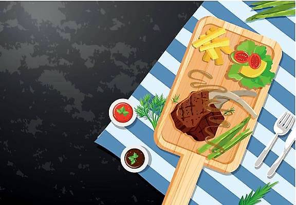 EPS 해외이미지 포크 일러스트 사람없음 샐러드 감자튀김 나이프 허브 돗자리 아스파라거스 양고기 나무도마 소스그릇 해외일러스트 식물 그릇 식기 음식 채소 감자 도마 육류 목재 튀김 칼 파일형식 벡터 이미지허브