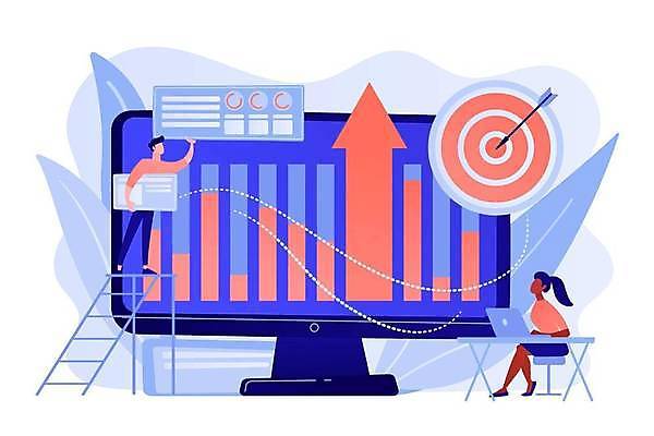 EPS 해외이미지 전신 여자 남자 의자 일러스트 비즈니스 사다리 그래프 화살 들기 앉기 성인 두명 노트북 모니터 자료 과녁판 책상 성인만 해외일러스트 가구 모션 사람 전자제품 컴퓨터 도구 파일형식 벡터 이미지허브