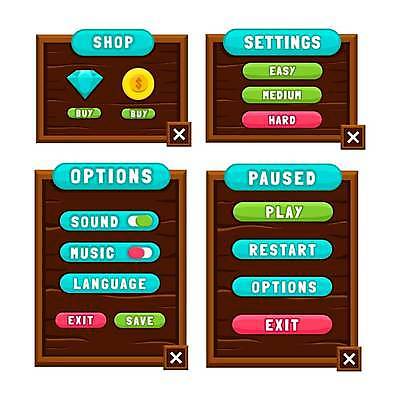 EPS 해외이미지 일러스트 사람없음 목재 동전 게임 구매 메뉴 옵션 금화 다이아몬드 단계 설정 UI 인터페이스 환경설정 해외일러스트 나무 돈 재료 놀이 쇼핑 황금 보석 파일형식 벡터 이미지허브