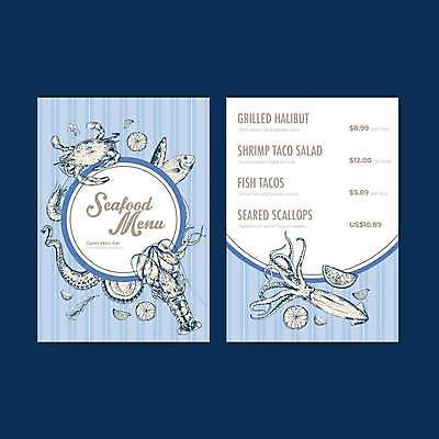 EPS 해외이미지 템플릿 일러스트 조개 새우 어류 사람없음 파란색 해물요리 게 가재 레몬 해산물 오징어 메뉴판 문어 해외일러스트 음식 컬러 과일 어패류 연체동물 갑각류 수중동물 파일형식 벡터 이미지허브