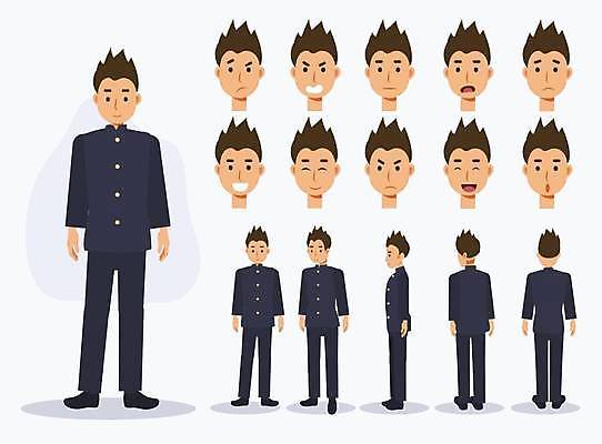 EPS 해외이미지 클립아트 캐릭터 옷 남자 행복 감정 얼굴 유니폼 일러스트 서기 미소 사람 소년 세트 일본 기쁨 표현 플랫 만화 수집 애니메이션 고립 해외일러스트 일러캐릭터 아시아 어린이 모션 표정 신체부위 파일형식 벡터 이미지허브