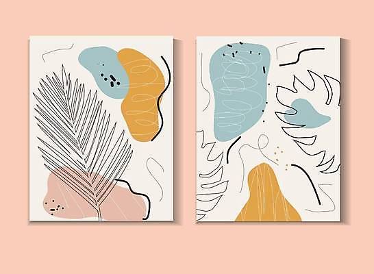 EPS 해외이미지 디자인 백그라운드 일러스트 추상 사람없음 세트 라인아트 그림 야자수잎 파스텔톤 미니멀 해외일러스트 선 컬러 잎 무늬 파일형식 벡터 이미지허브