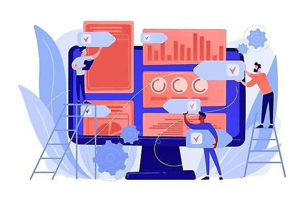 EPS 해외이미지 전신 남자 일러스트 비즈니스 사다리 그래프 성인 세명 모니터 자료 분석 체크표시 성인남자만 해외일러스트 컨셉 사람 컴퓨터 도구 확인 남자만 성인만 파일형식 벡터 이미지허브