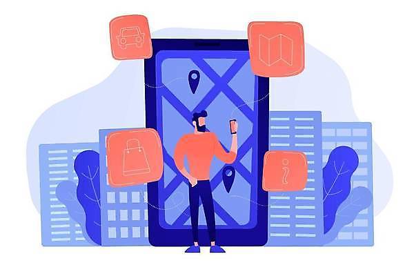 EPS 해외이미지 전신 남자 일러스트 한명 들기 성인 파란색 스마트폰 네비게이션 GPS 성인남자한명만 코랄 해외일러스트 1 컬러 모션 사람 핸드폰 스마트기기 남자한명만 성인남자만 파일형식 벡터 이미지허브