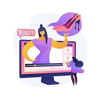 EPS 해외이미지 전신 라이프스타일 여자 말풍선 일러스트 서기 들기 상반신 성인 두명 쇼핑 태블릿 모니터 하이힐 알림 온라인쇼핑 모바일쇼핑 동영상 동영상창 쇼호스트 얼굴없음 성인여자만 라이브커머스 해외일러스트 직업 구두 모션 사람 생활 전자제품 스마트기기 컴퓨터 여성화 온라인 여자만 성인만 파일형식 벡터 이미지허브