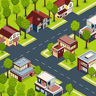 EPS 해외이미지 나무 도로 일러스트 주택 사람없음 건물 마을 해외일러스트 식물 건축물 길 교통시설 파일형식 벡터 이미지허브