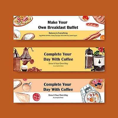 EPS 해외이미지 템플릿 배너 가로배너 빵 분홍색 일러스트 사람없음 노란색 머그컵 원두 소시지 아침식사 냄비 커피포트 베이컨 그라인더 에스프레소 와플 배너세트 해외일러스트 커피 음식 컬러 주전자 디저트 돼지고기 컵 가로 세트 식사 가공식품 솥 커피용품 파일형식 벡터 이미지허브