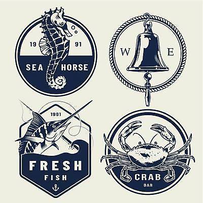 EPS 해외이미지 스티커 일러스트 사람없음 세트 라벨 종 게 빈티지 원형 남색 심볼 해마 황새치 해외일러스트 도형 컬러 컨셉 프레임 갑각류 바다동물 파일형식 벡터 새치 이미지허브