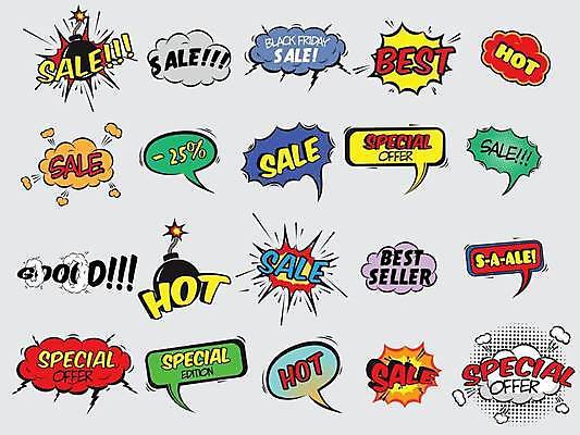 EPS 해외이미지 디자인 컨셉 말풍선 일러스트 사람없음 세트 세일 표현 폭발 폭탄 심볼 팝아트 코믹 카툰스타일 스페셜 팝 핫세일 시즌오프 해외일러스트 폭발물 그림 파일형식 벡터 이미지허브