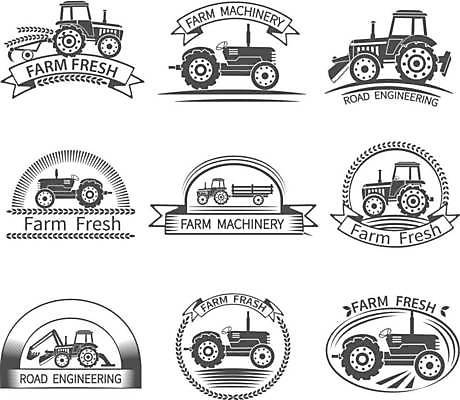 EPS 해외이미지 리본 일러스트 사람없음 세트 농장 라벨 농사 회색 농기구 심볼 트랙터 해외일러스트 컬러 농업 프레임 농기계 특수차량 파일형식 벡터 이미지허브