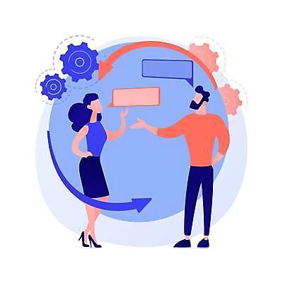 EPS 해외이미지 전신 여자 남자 화살표 말풍선 일러스트 비즈니스 대화 성인 두명 톱니바퀴 성인만 해외일러스트 말하기 사람 파일형식 벡터 이미지허브