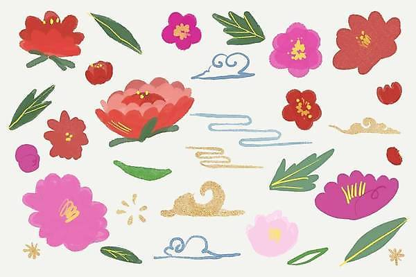 EPS 해외이미지 꽃잎 꽃 스티커 잎 일러스트 바람 사람없음 세트 해외일러스트 자연요소 식물 날씨 파일형식 벡터 이미지허브