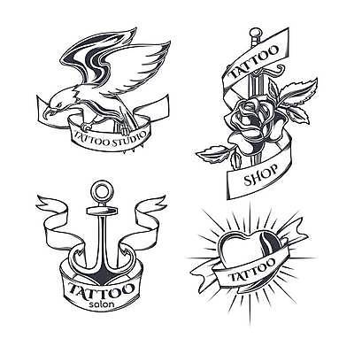 EPS 해외이미지 리본 스티커 일러스트 사람없음 세트 장미 라벨 하트 문신 심볼 라인아트 독수리 닻 해외일러스트 모양 꽃 선 조류 프레임 파일형식 벡터 이미지허브