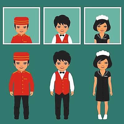 EPS 해외이미지 직업 캐릭터 어린이 유니폼 가사 일러스트 호텔 노동자 사람 소년 식당 요리사 방 흰색 업무 작업 플랫 만화 청소 웨이트리스 종업원 웨이터 직원 서비스 서빙 청소부 고립 해외일러스트 일러캐릭터 옷 남자 컬러 숙소 상점 파일형식 벡터 이미지허브