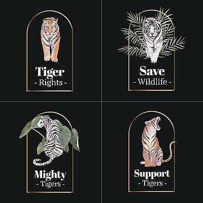 EPS 해외이미지 잎 여러마리 일러스트 텍스트 프레임 타이포그라피 사람없음 호랑이 심볼 백호 브랜딩 해외일러스트 식물 문자 다수 포유류 파일형식 벡터 사방신 이미지허브