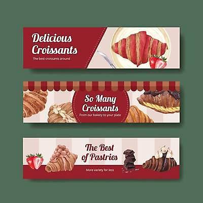 EPS 해외이미지 템플릿 배너 가로배너 일러스트 딸기 디저트 사람없음 초콜릿 나이프 달콤 크루아상 배너세트 버건디 해외일러스트 식기 음식 빵 과일 가로 빨간색 세트 칼 맛 파일형식 벡터 이미지허브