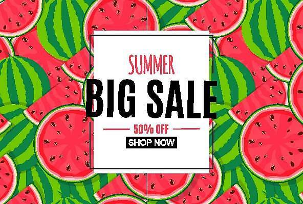 EPS 해외이미지 디자인 배너 컨셉 일러스트 단면 수박 프레임 사람없음 빨간색 초록색 여름 쇼핑 세일 반값 반쪽수박 빅세일 트로피컬아트 해외일러스트 계절 컬러 과일 그림 파일형식 벡터 이미지허브