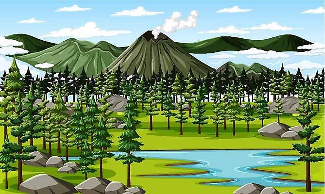 EPS 해외이미지 클립아트 나무 식물 디자인 호수 백그라운드 잎 일러스트 자연 하늘 산 국립공원 미술 야외 목재 그래픽 초록색 물 강 컬러풀 환경 조약돌 액체 개울 숲 만화 그림 장면 내추럴 해외일러스트 자연요소 공원 컬러 재료 문화예술 돌_바위 생태계 파일형식 벡터 이미지허브