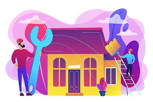 EPS 해외이미지 전신 라이프스타일 남자 일러스트 사다리 주택 서기 들기 성인 두명 보라색 공구 스패너 작업 수리 안전모 페인트붓 얼굴없음 성인남자만 건설근로자 해외일러스트 직업 컬러 모션 사람 건물 생활 도구 붓 헬멧 안전장비 남자만 성인만 파일형식 벡터 이미지허브