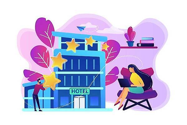 EPS 해외이미지 라이프스타일 여자 남자 화분 여행 잎 의자 일러스트 호텔 서기 앉기 성인 두명 건물 책 바캉스 노트북 도시 별점 얼굴없음 성인만 호캉스 해외일러스트 식물 건축물 가구 모션 숙소 휴가 사람 생활 전자제품 점수 평가 파일형식 벡터 이미지허브