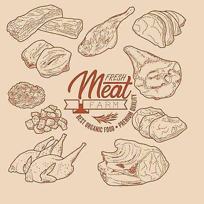 EPS 해외이미지 라인일러스트 일러스트 돼지고기 스테이크 사람없음 치킨 소고기 햄 베이컨 양고기 베이지색 정육점 해외일러스트 컬러 서양음식 육류 상점 닭고기요리 파일형식 벡터 이미지허브